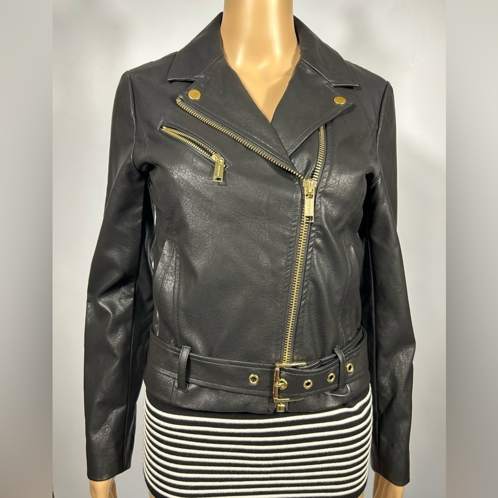 MICHAEL KORS Crinkled Faux Leather Moto Jacket Black Size XS